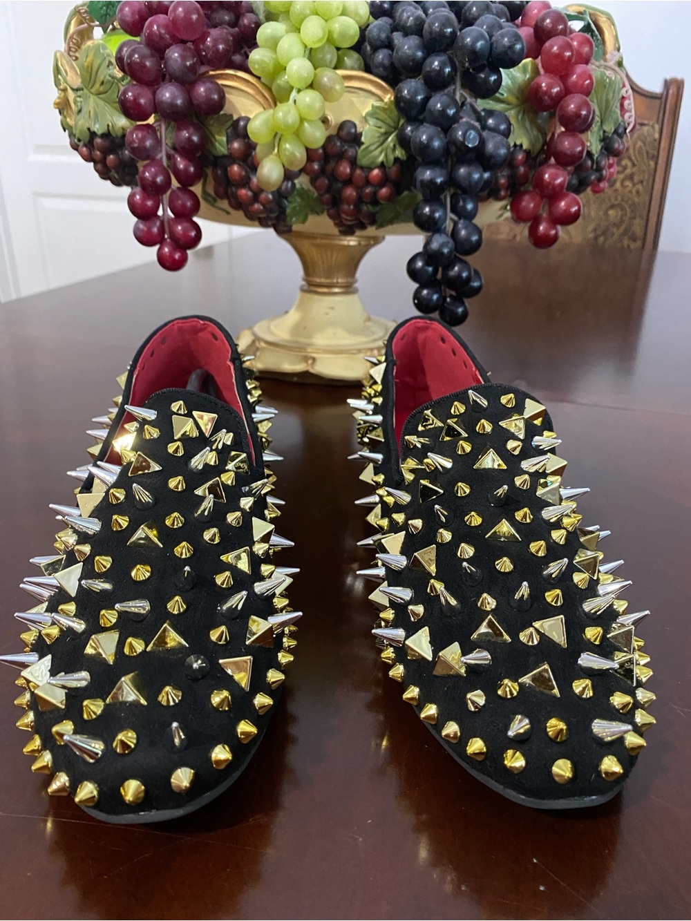 Black Studded Spike Flats with Gold & Silver Accents